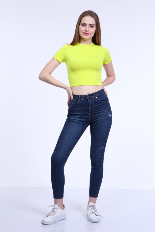 Bisiklet Yaka Basic Crop T-Shirt - Sarı - 5