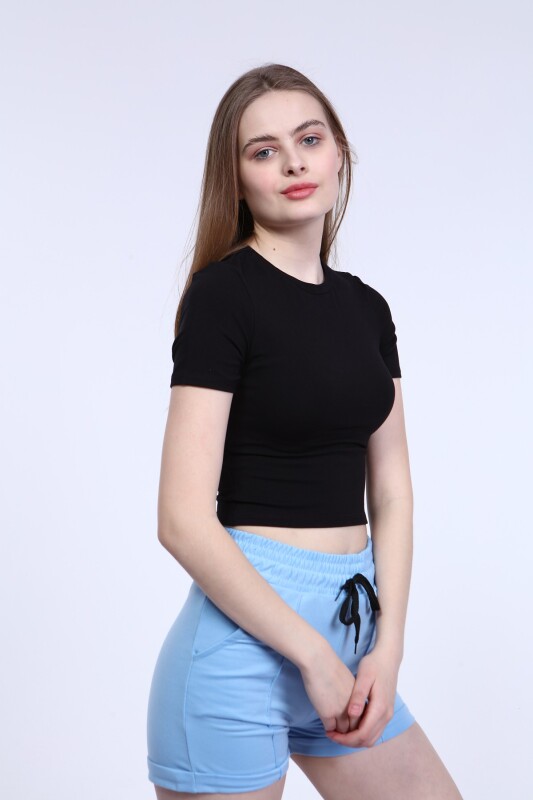 Bisiklet Yaka Basic Crop T-shirt - Siyah - 2