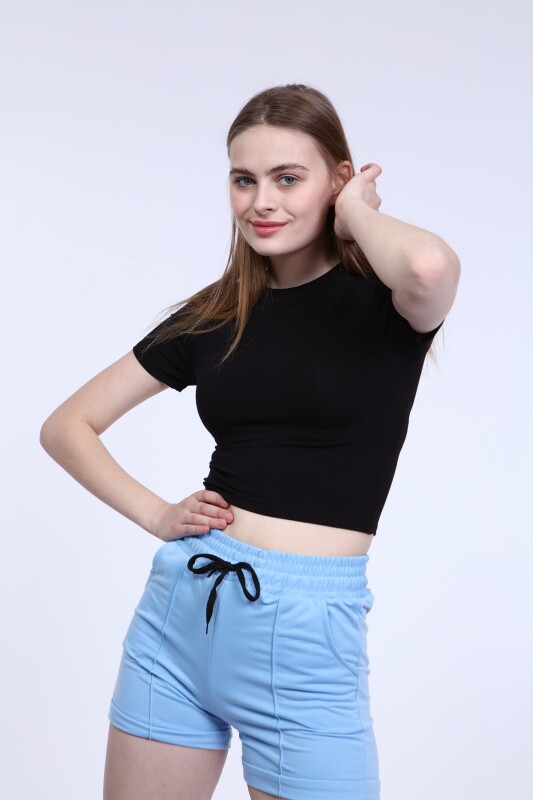 Bisiklet Yaka Basic Crop T-shirt - Siyah - 4