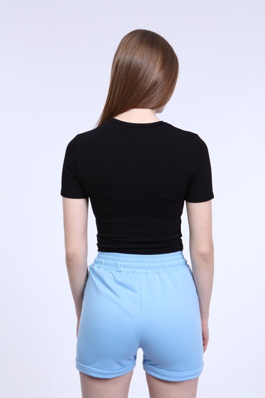 Bisiklet Yaka Basic Crop T-shirt - Siyah - 5