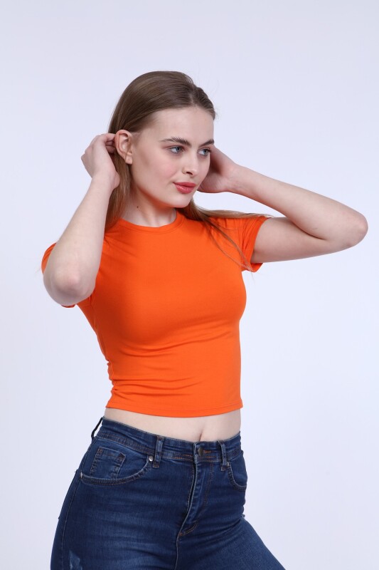 Bisiklet Yaka Basic Crop T-Shirt - Turuncu - 2