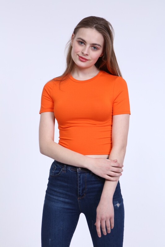 Bisiklet Yaka Basic Crop T-Shirt - Turuncu - 4