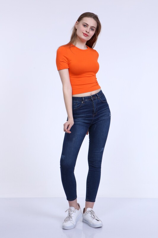 Bisiklet Yaka Basic Crop T-Shirt - Turuncu - 5