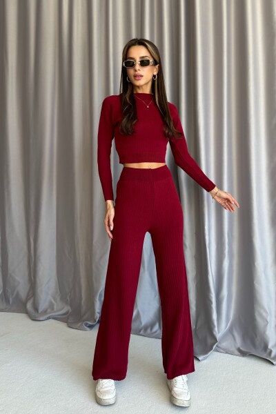 Bisiklet Yaka Crop Bol Paça Triko İkili Takım - Bordo - MAT Collection