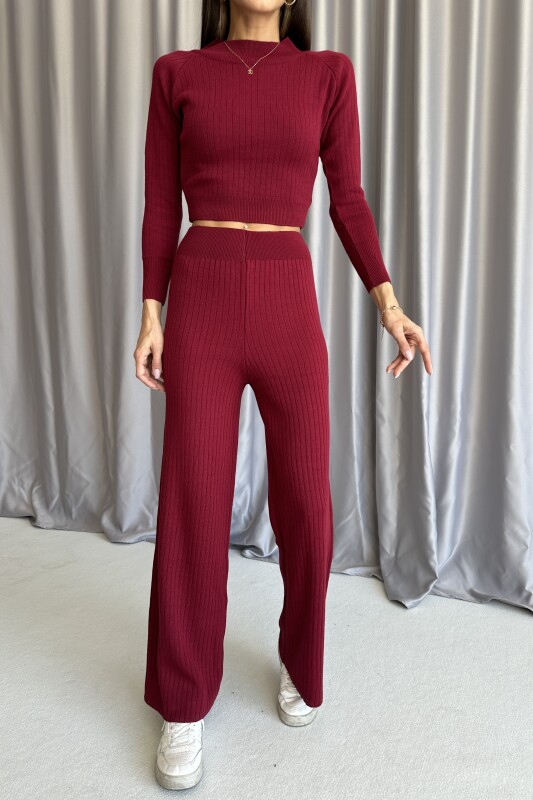 Bisiklet Yaka Crop Bol Paça Triko İkili Takım - Bordo - 4
