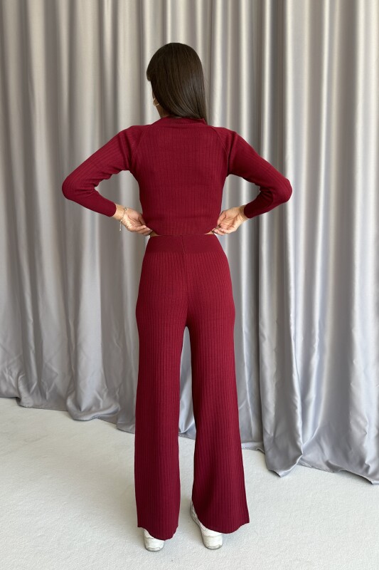 Bisiklet Yaka Crop Bol Paça Triko İkili Takım - Bordo - 5