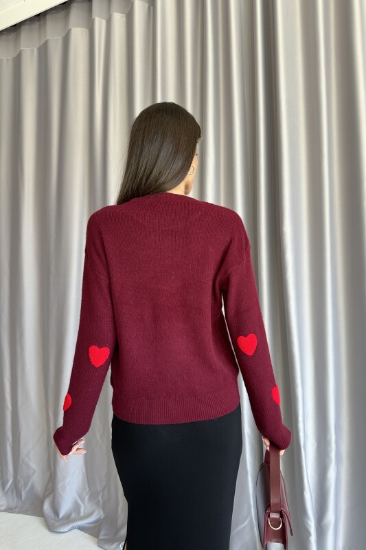 Bisiklet Yaka Kalp Nakışlı Triko Kazak - Bordo - 4
