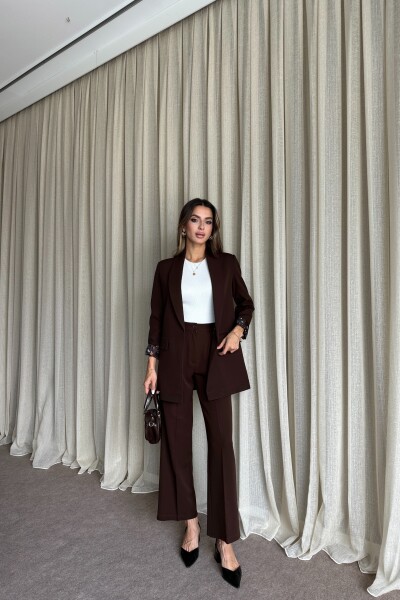 Blazer Ceket Palazzo Pantolon Takım - Kahve - MAT Collection