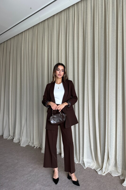 Blazer Ceket Palazzo Pantolon Takım - Kahve - 2