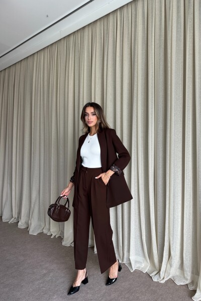 Blazer Ceket Palazzo Pantolon Takım - Kahve - 3