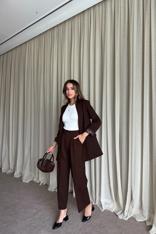 Blazer Ceket Palazzo Pantolon Takım - Kahve - 3