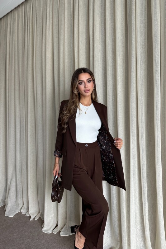 Blazer Ceket Palazzo Pantolon Takım - Kahve - 4