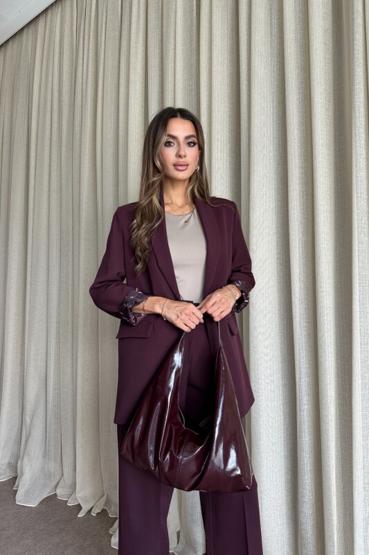Blazer Ceket Palazzo Pantolon Takım - Mürdüm - 3