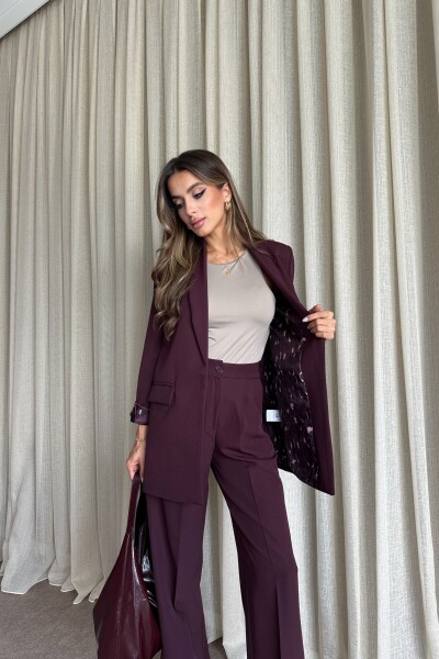Blazer Ceket Palazzo Pantolon Takım - Mürdüm - 4
