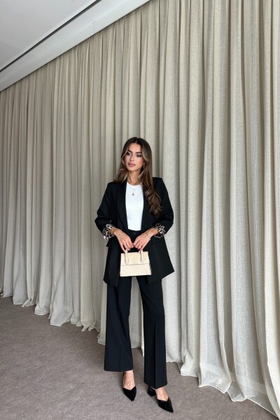 Blazer Ceket Palazzo Pantolon Takım - Siyah - 2
