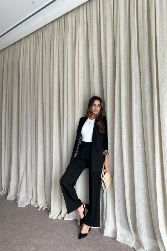 Blazer Ceket Palazzo Pantolon Takım - Siyah - 3