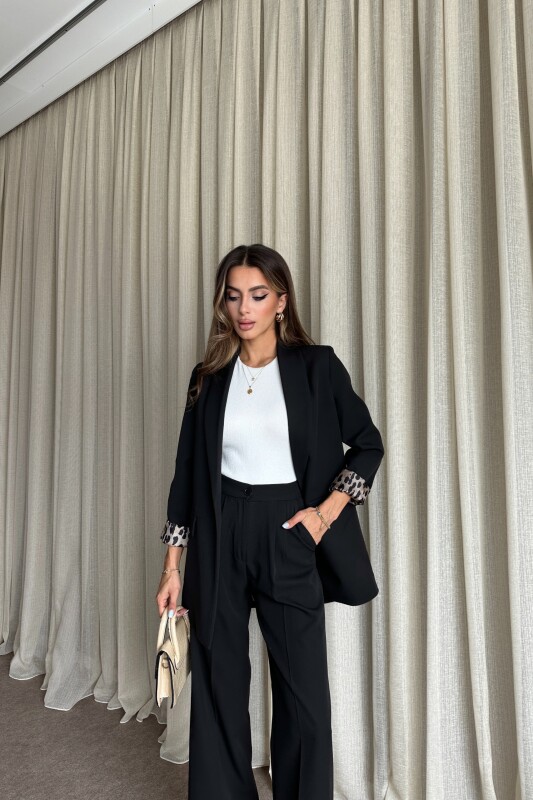 Blazer Ceket Palazzo Pantolon Takım - Siyah - 4
