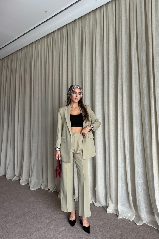 Blazer Ceket Palazzo Pantolon Takım - Yağ Yeşil - 1