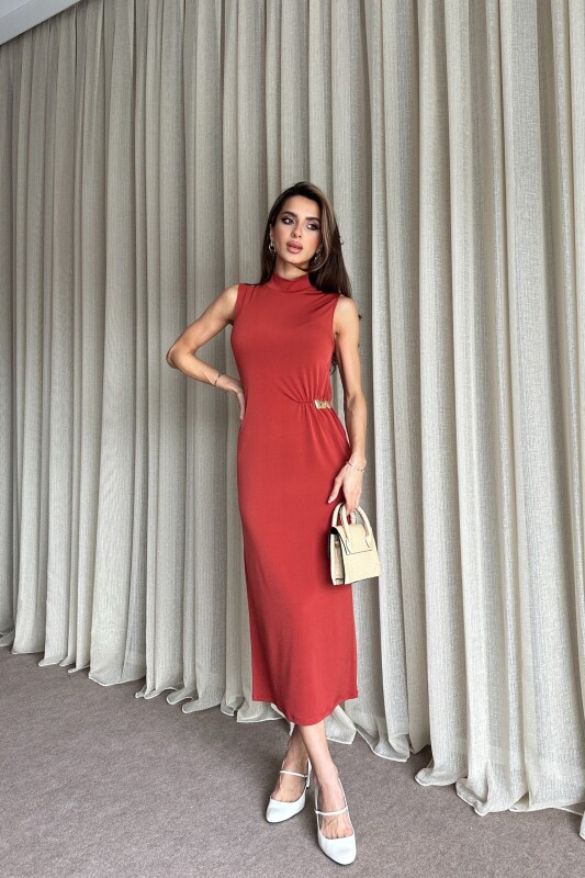 Boğazlı Yanı Büzgülü Toka Detaylı Elbise - Kiremit - 1