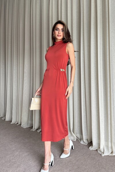 Boğazlı Yanı Büzgülü Toka Detaylı Elbise - Kiremit - 2