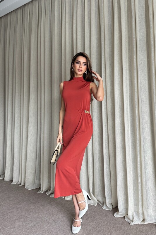 Boğazlı Yanı Büzgülü Toka Detaylı Elbise - Kiremit - 3