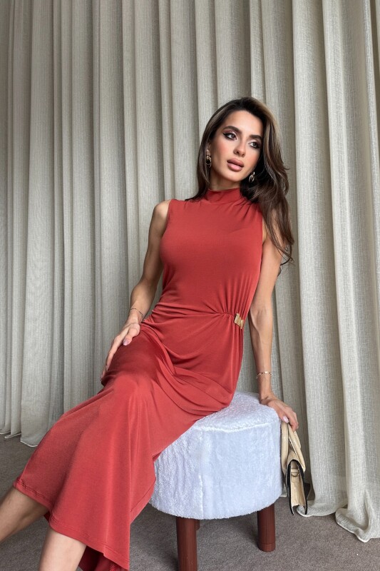 Boğazlı Yanı Büzgülü Toka Detaylı Elbise - Kiremit - 4