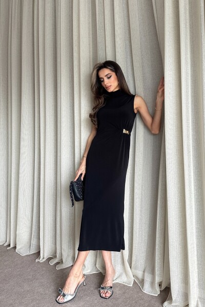 Boğazlı Yanı Büzgülü Toka Detaylı Elbise - Siyah - 4