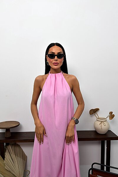 Boyun Aksesuar Detaylı Salaş Uzun Elbise - Pembe - 3