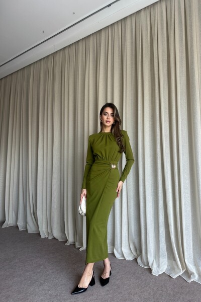 Büzgülü Toka Detaylı Kruvaze Kapamalı Uzun Elbise - Olive - 2
