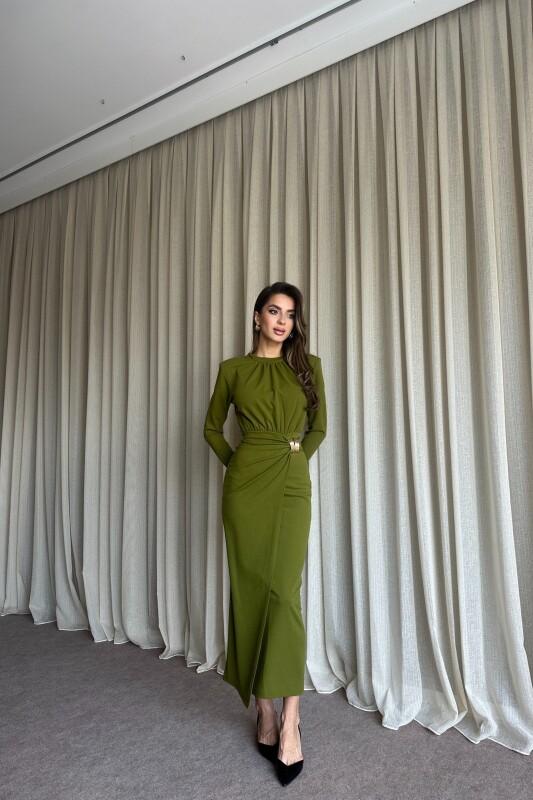 Büzgülü Toka Detaylı Kruvaze Kapamalı Uzun Elbise - Olive - 3
