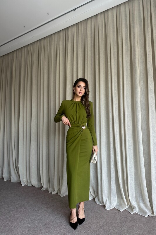 Büzgülü Toka Detaylı Kruvaze Kapamalı Uzun Elbise - Olive - 4