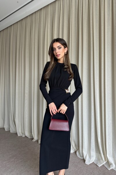 Büzgülü Toka Detaylı Kruvaze Kapamalı Uzun Elbise - Siyah - 4