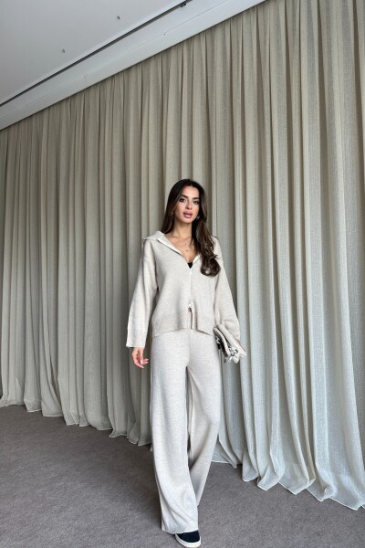 Çift Fermuarlı Kapüşonlu Triko Takım - Bej - MAT Collection