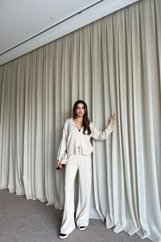 Çift Fermuarlı Kapüşonlu Triko Takım - Bej - 2