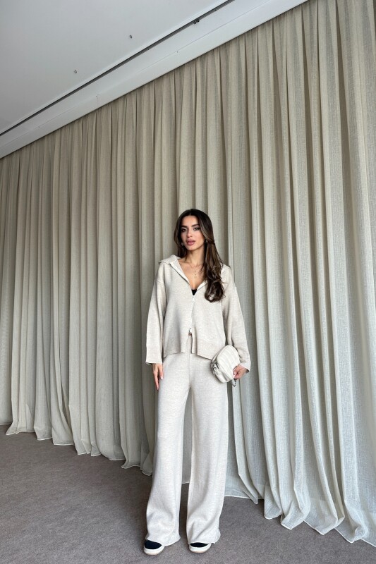 Çift Fermuarlı Kapüşonlu Triko Takım - Bej - 3