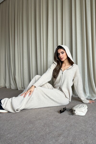 Çift Fermuarlı Kapüşonlu Triko Takım - Bej - 4