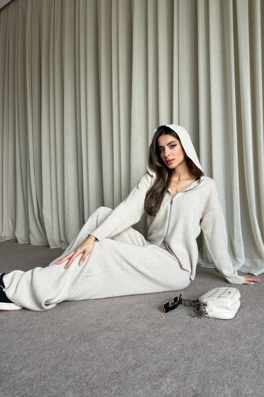 Çift Fermuarlı Kapüşonlu Triko Takım - Bej - 4