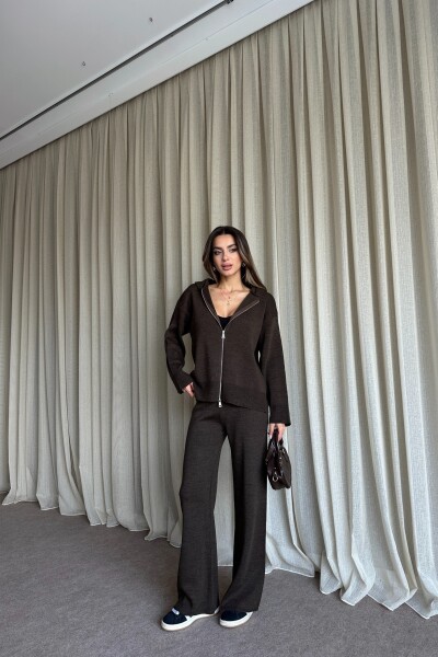 Çift Fermuarlı Kapüşonlu Triko Takım - Kahve - MAT Collection