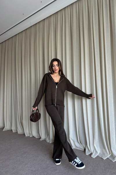 Çift Fermuarlı Kapüşonlu Triko Takım - Kahve - 2