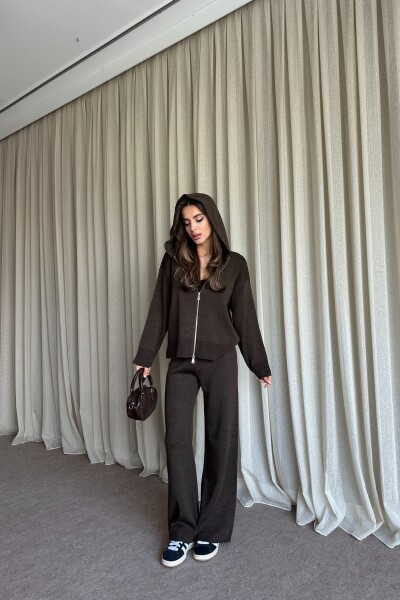 Çift Fermuarlı Kapüşonlu Triko Takım - Kahve - 3