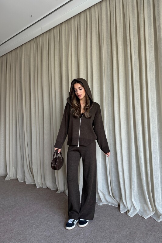 Çift Fermuarlı Kapüşonlu Triko Takım - Kahve - 3