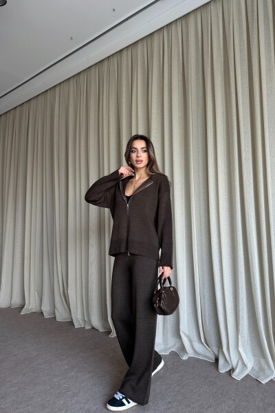 Çift Fermuarlı Kapüşonlu Triko Takım - Kahve - 4