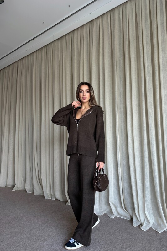 Çift Fermuarlı Kapüşonlu Triko Takım - Kahve - 4