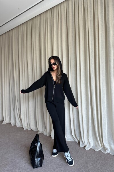 Çift Fermuarlı Kapüşonlu Triko Takım - Siyah - MAT Collection