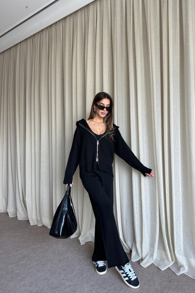 Çift Fermuarlı Kapüşonlu Triko Takım - Siyah - 2