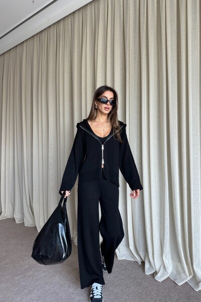 Çift Fermuarlı Kapüşonlu Triko Takım - Siyah - 3