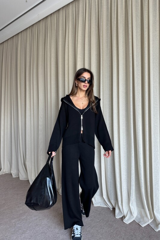 Çift Fermuarlı Kapüşonlu Triko Takım - Siyah - 3