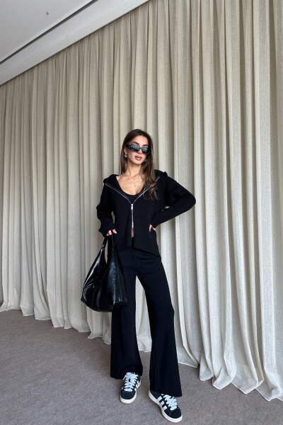 Çift Fermuarlı Kapüşonlu Triko Takım - Siyah - 4