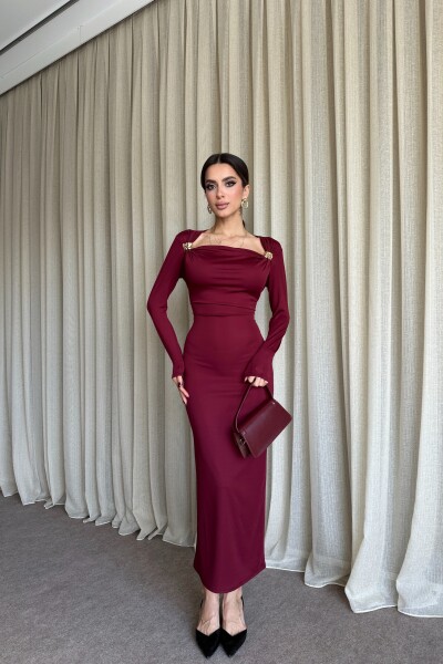 Çift Toka Detaylı Uzun Elbise - Bordo - MAT Collection