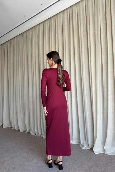 Çift Toka Detaylı Uzun Elbise - Bordo - 4